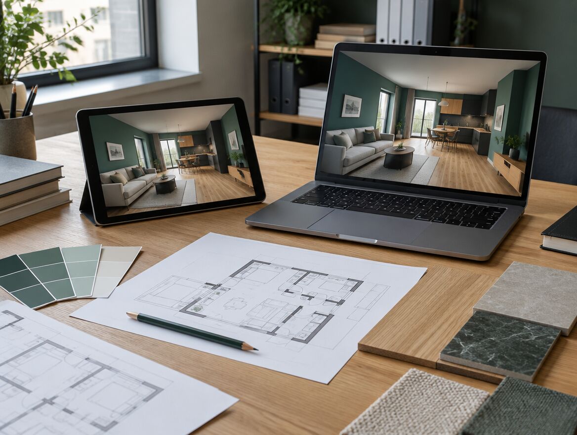 Tablet mit 3D-Ansicht einer Wohnung neben Material- und Farbmustern