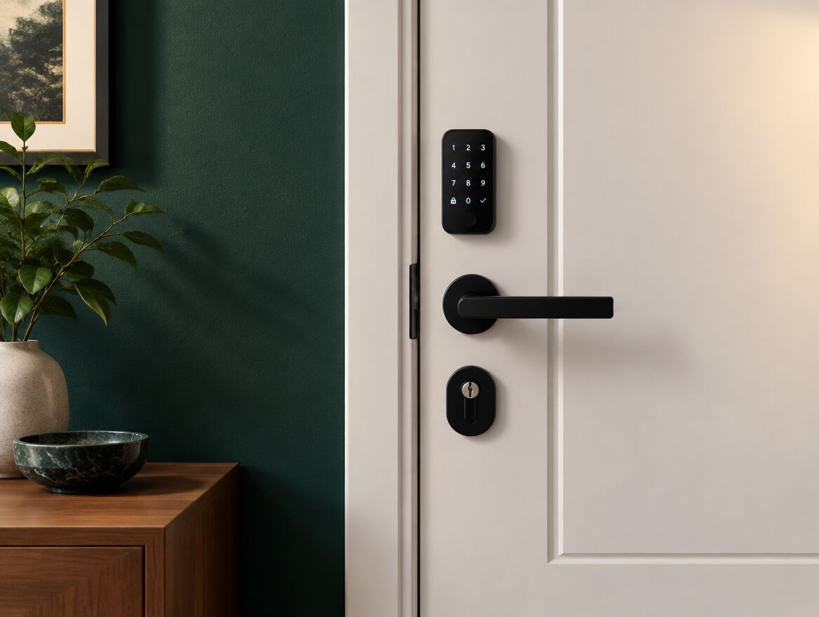 Neue Wohnungstür mit schwarzem Drücker und modernem Schließzylinder