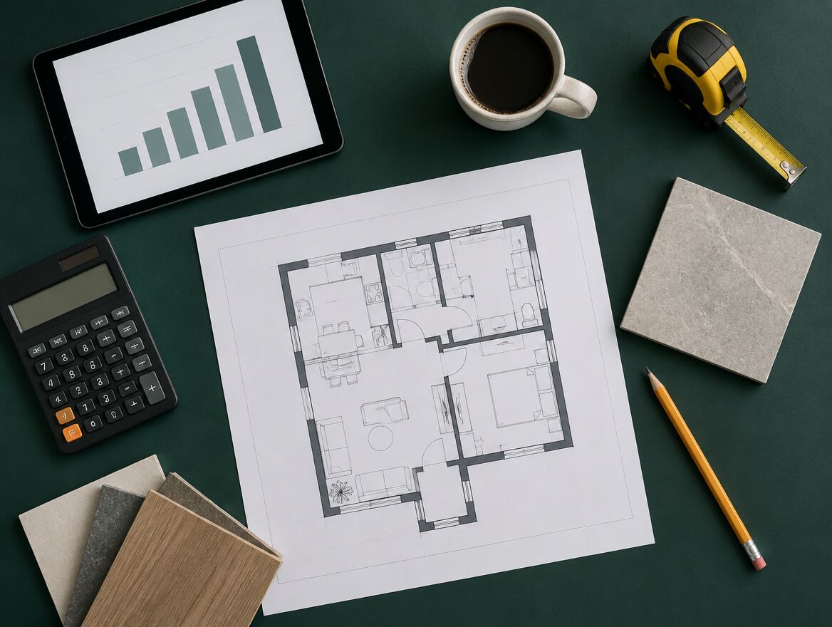 Kostenplanung mit Grundriss, Tablet und Maßband